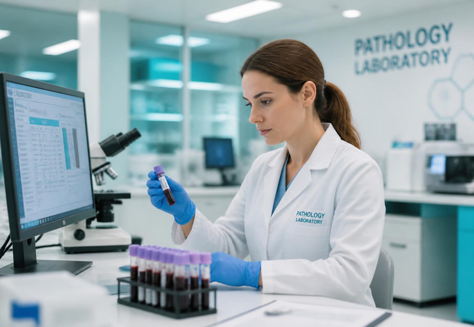 Laboratory technician examining blood sample vials