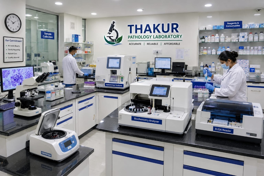 Automated biochemistry and hematology analyzers inside Thakur Pathology Laboratory
