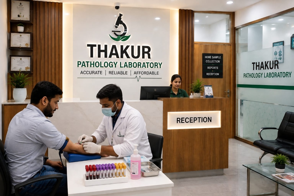 Sample collection and reception inside Thakur Pathology Laboratory