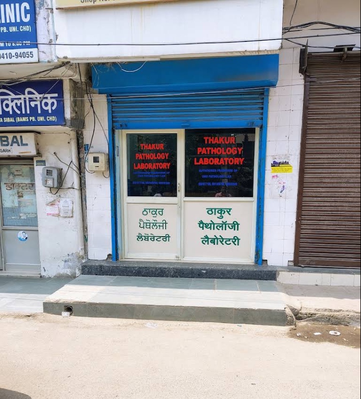 Thakur Pathology Laboratory storefront and entrance in Sector 21